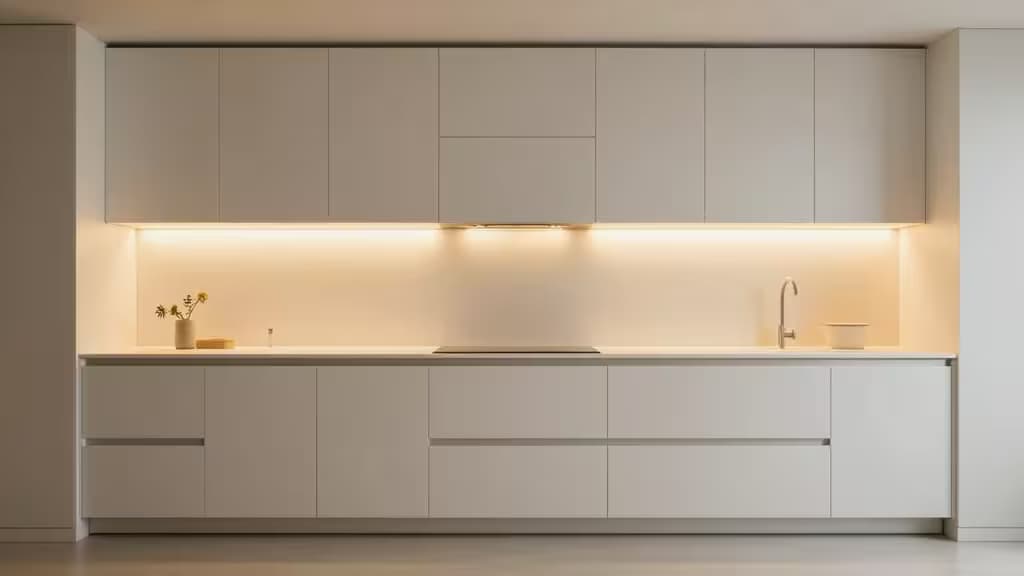 Des rubans LED à lumière chaude illuminent le plan de travail blanc sous des placards de cuisine sans poignées.