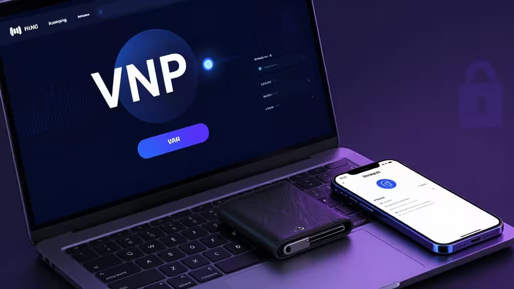 Laptop displays VPN interface beside hardware wallet and smartphone on purple-lit desk.