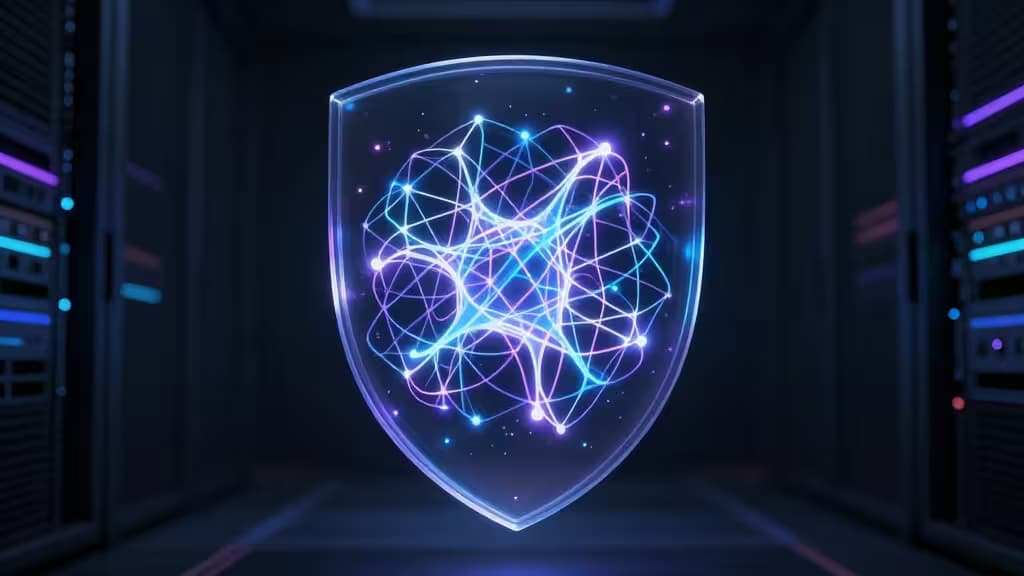 Glowing shield with neural network, server racks, blue-purple lights, symbolizing secure offline AI.