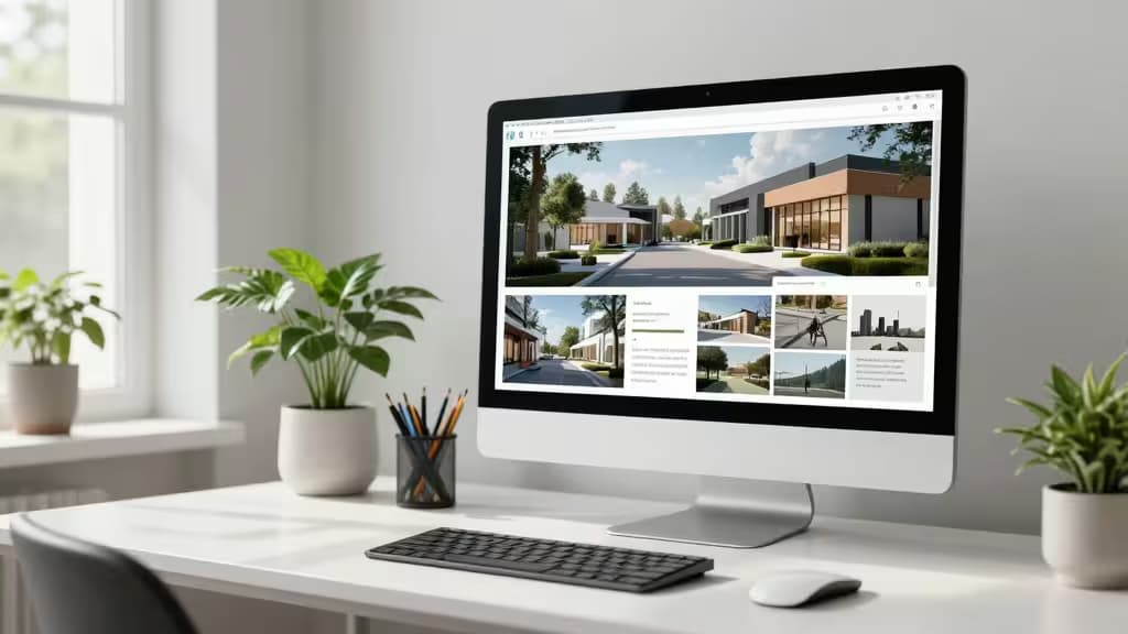 Moderner Studio-Arbeitsplatz mit iMac, der KI-generierte Architektur-Renderings zeigt, flankiert von Topfpflanzen und Stiften.