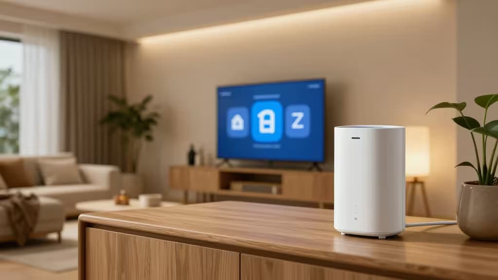 White Thread-enabled smart hub on wooden console, with TV displaying Matter icons in modern living room.