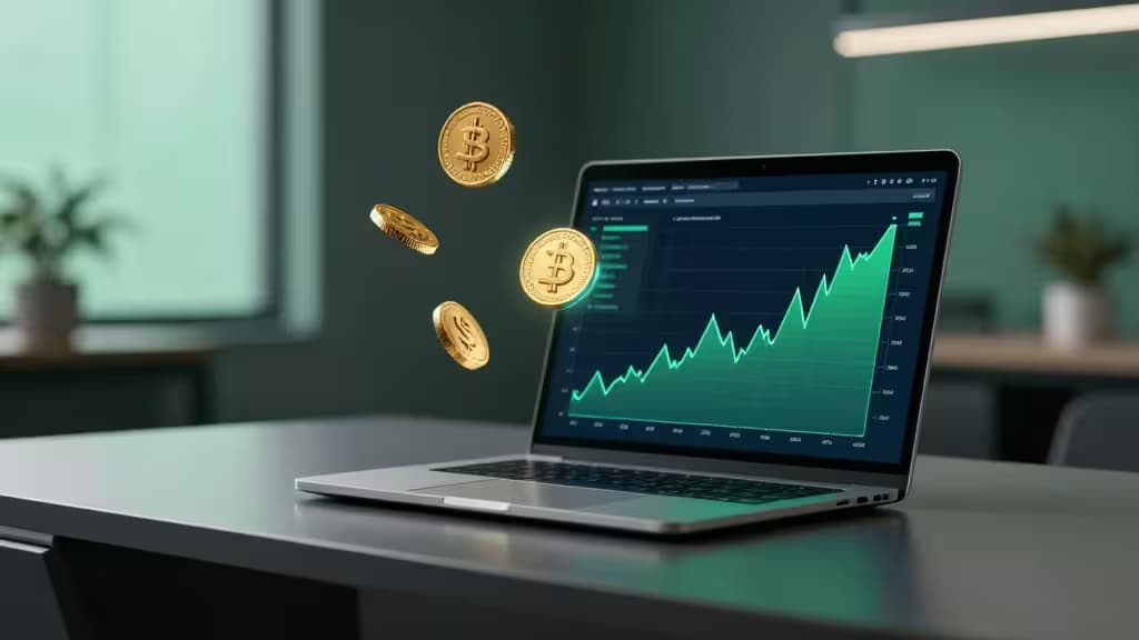 Moedas de stablecoin douradas flutuam sobre um portátil que exibe um gráfico de rendimento verde em ascensão, numa secretária de escritório moderna.