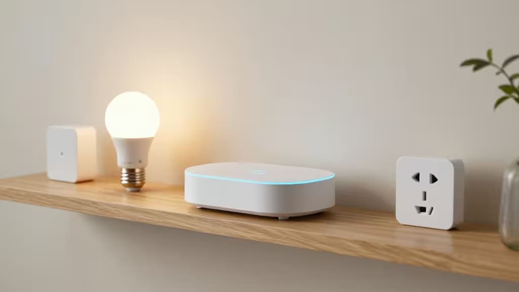 White smart hub with blue LED sits on wooden shelf beside bulb and plug.