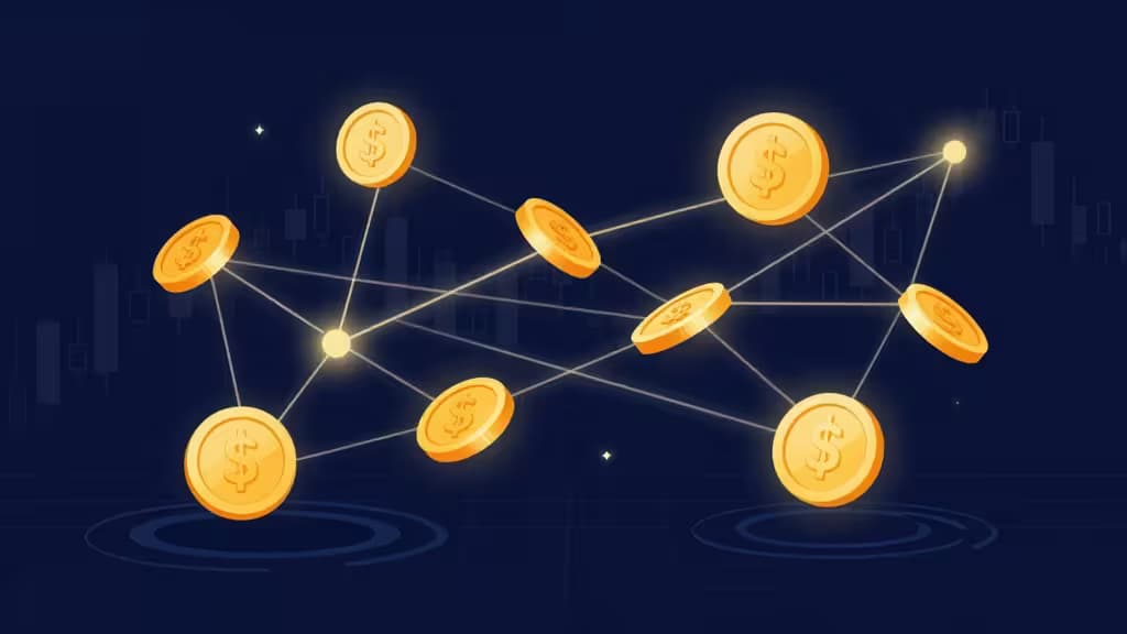 Glowing gold dollar coins connect via luminous lines against a dark blue background with faint candlestick charts, symbolizing crypto exchange networks.