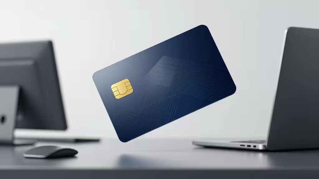 Abstracte illustratie van een zakelijke creditcard boven een modern bedrijfsbureau in navy-blauw en goud