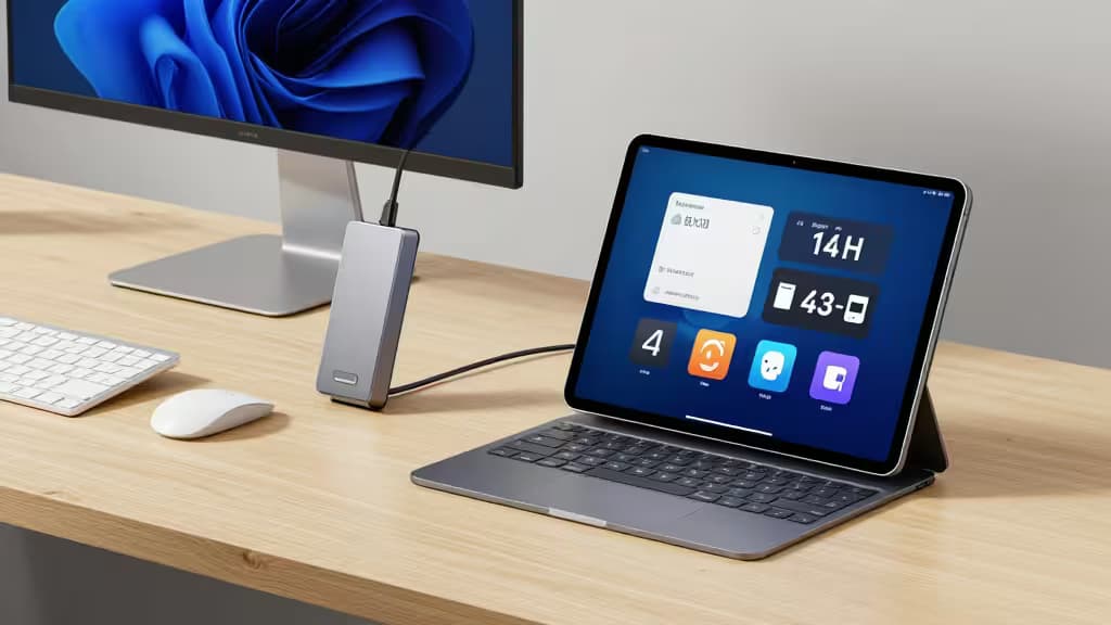 iPad Pro aangesloten op een aluminium USB-C hub met 4K HDMI-monitor op een houten bureau, strakke productfotografie