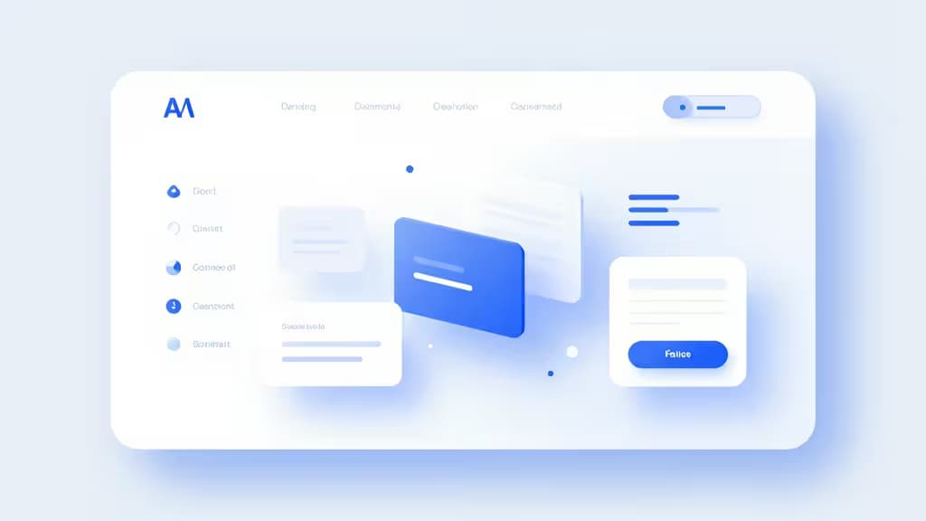 Ilustración abstracta de bloques de interfaz y wireframes de landing page ensamblándose sobre un fondo de degradado, estilo render 3D suave