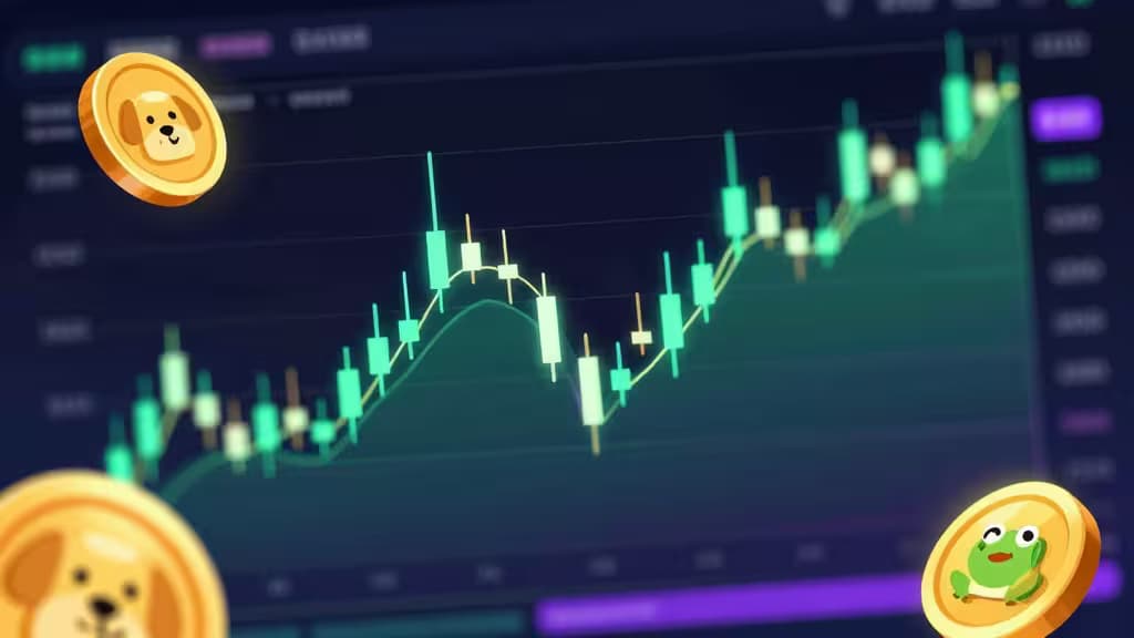 Glowing dog and frog meme coins float above a rising green candlestick chart on a dark trading interface.