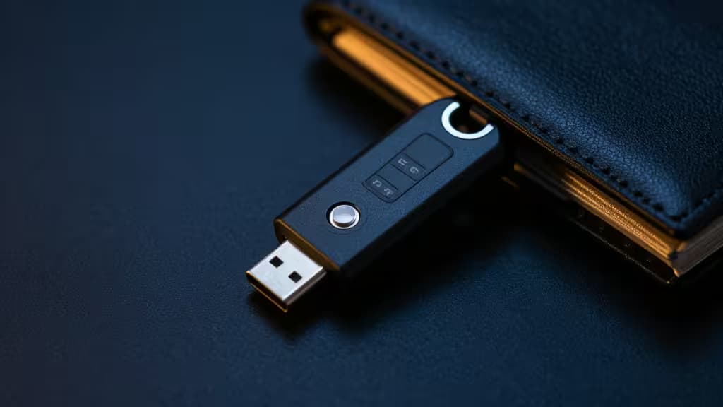 A hardware security key with USB-C connector resting on a dark surface beside a cryptocurrency hardware wallet.