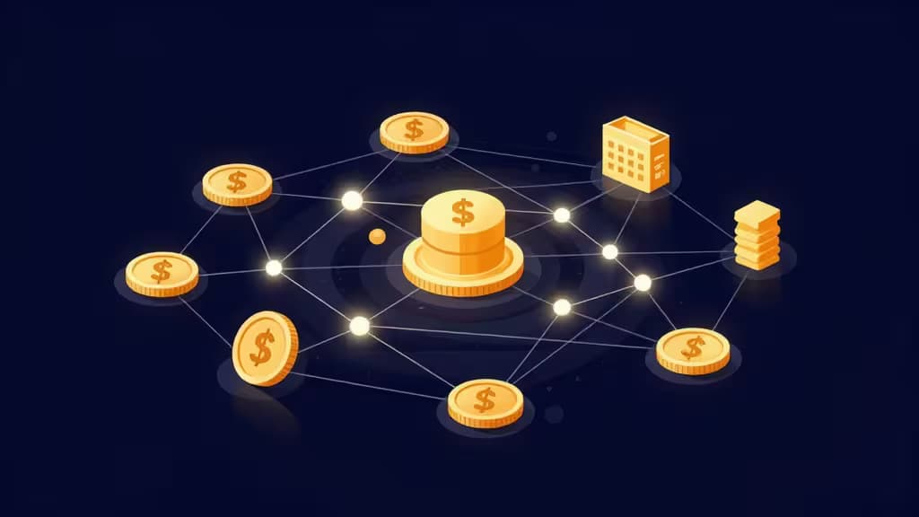 Abstracte illustratie van tokenized real-world assets verbonden via een blockchain-netwerk, met gouden munten, gebouwen en obligaties op een donkerblauwe achtergrond.