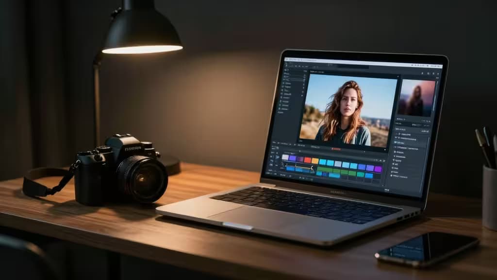 Camera rests beside laptop displaying photo editing software on a wooden desk under warm lamp light.