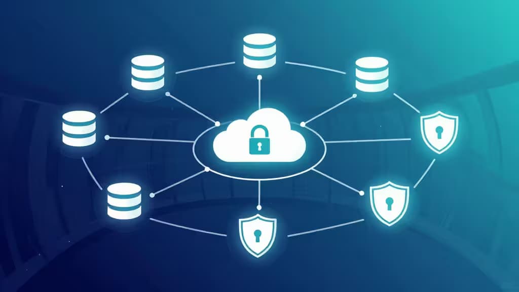 Abstract illustration of encrypted network tunnels protecting cloud storage data with padlock and shield motifs on a deep blue gradient background