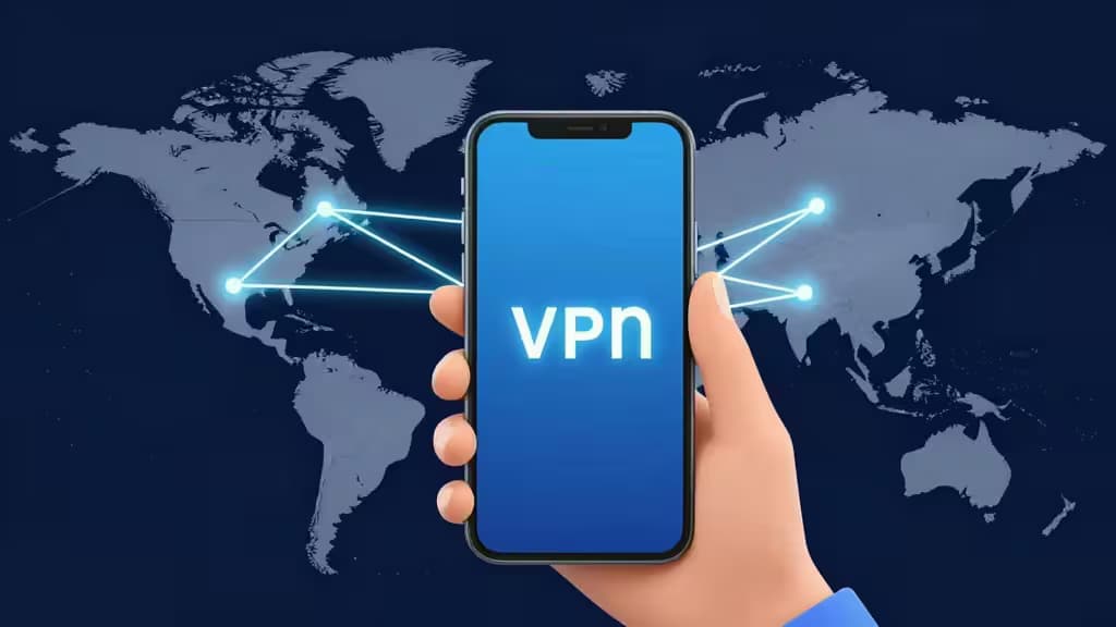 Hand holds smartphone displaying "VPN" over world map with glowing global connection lines.