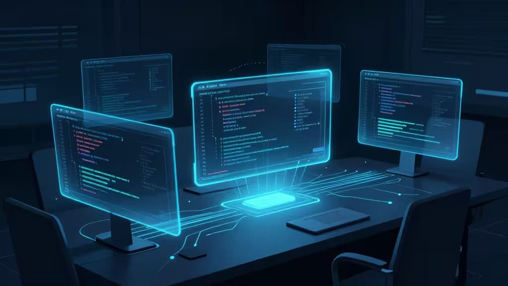 Holographic code screens glow above a sleek desk, symbolizing advanced AI coding agents for enterprise teams.
