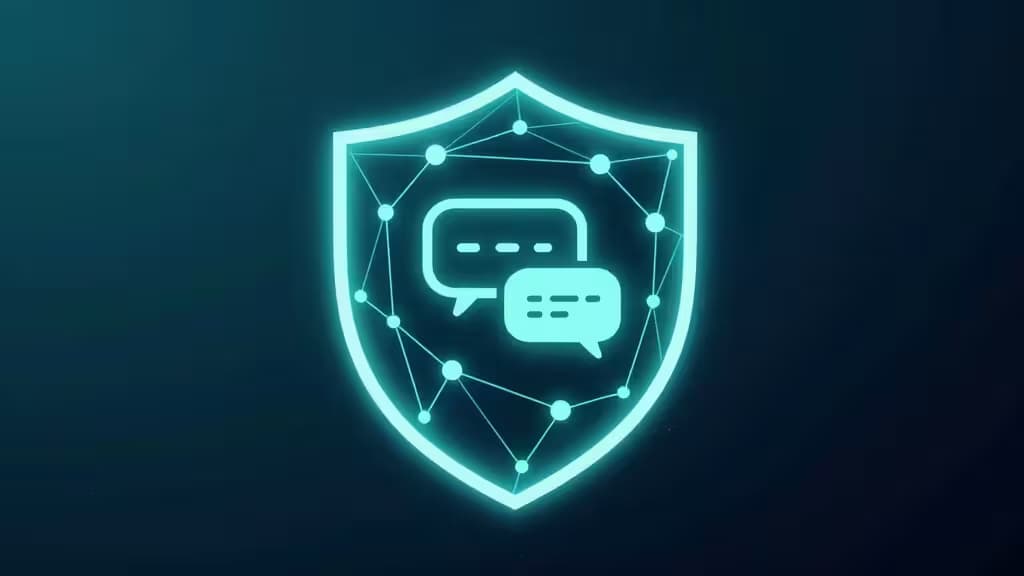 Glowing cyan shield encloses chat icons, symbolizing secure AI communication.