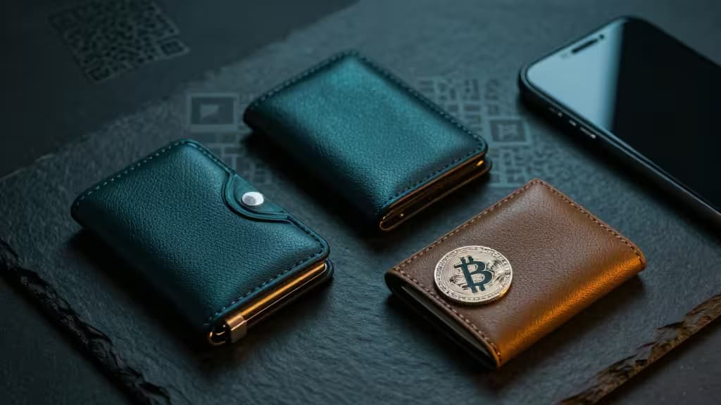Tres carteras de cuero, una con una moneda Bitcoin, dispuestas sobre pizarra oscura junto a un teléfono inteligente.