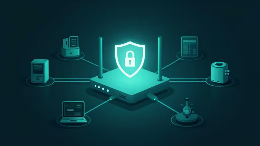 A glowing shield hovers above a teal router, connecting to laptops and servers in a secure home network diagram.
