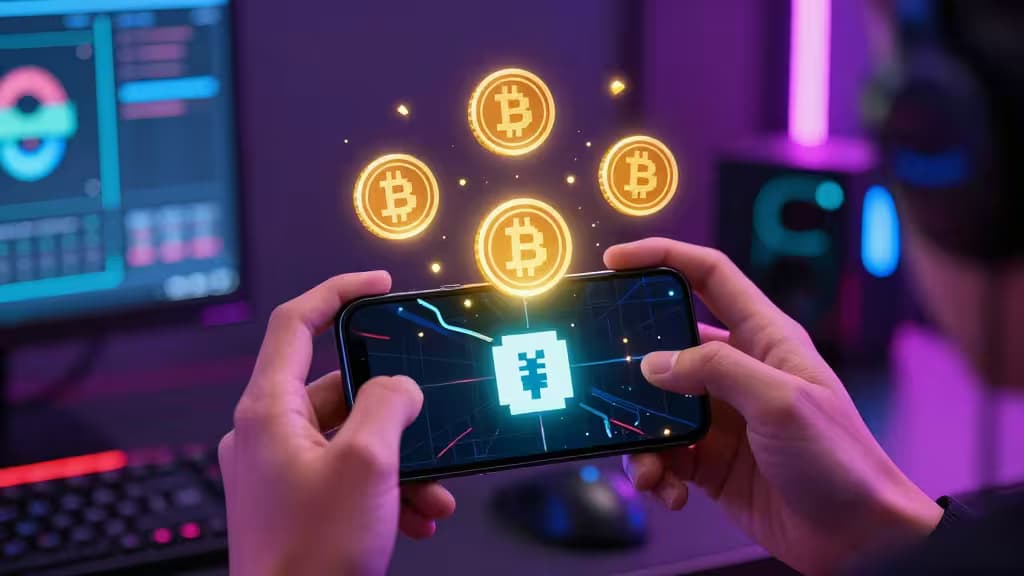 Gamer holds phone with glowing Bitcoin and NFT symbols floating above screen.