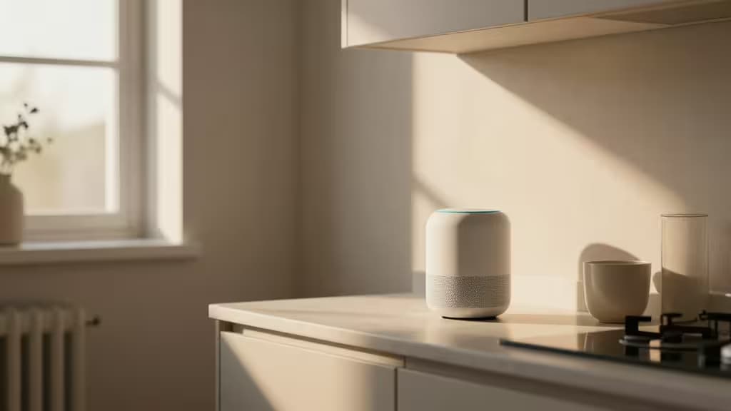 A modern smart home interior with a compact smart speaker on a kitchen counter, warm ambient lighting, and minimalist Scandinavian decor