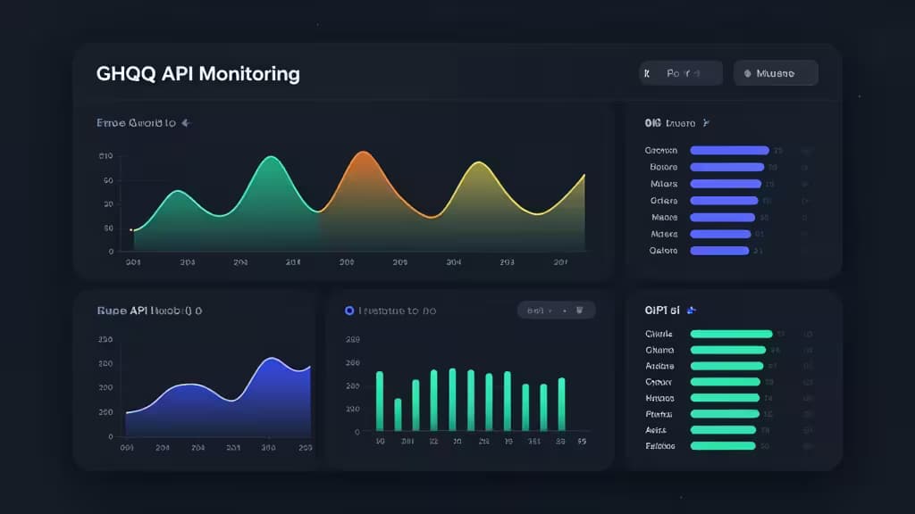 Dark dashboard displays real-time GraphQL API metrics with colorful charts and performance bars.