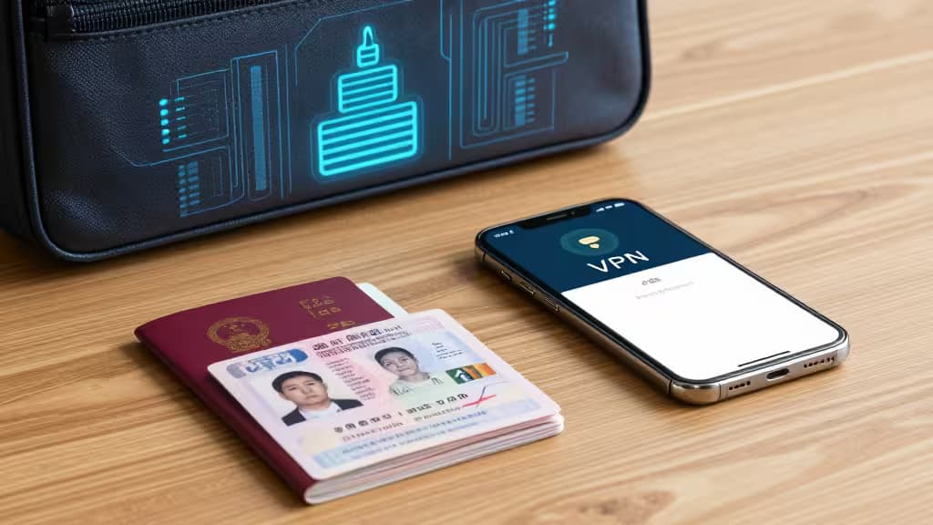 A passport and smartphone displaying a VPN app rest on a wooden desk beside a tech-themed pouch.