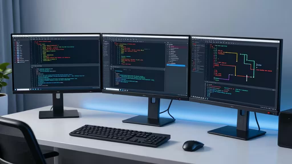 Three monitors display code and diagrams on a clean desk with keyboard, mouse, and ambient lighting.