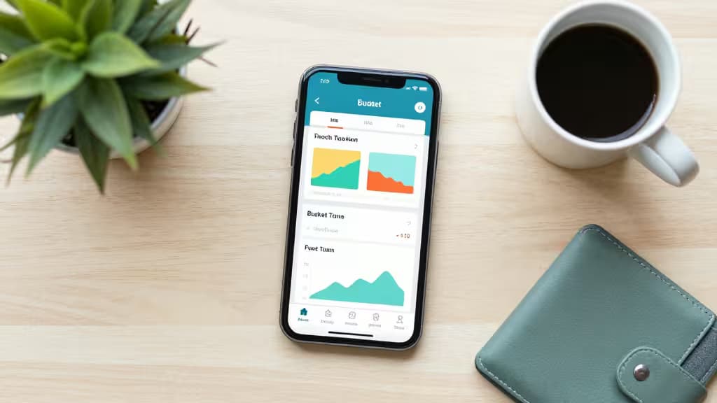 Smartphone displays budgeting app on wooden desk beside coffee cup and green wallet.