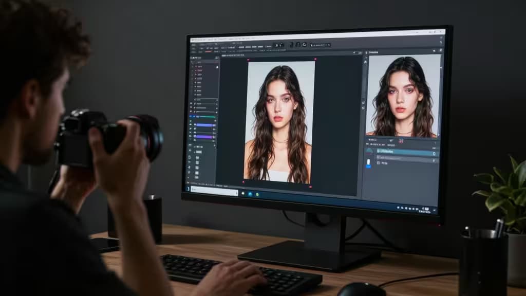 A professional photographer's editing workspace with a color-calibrated monitor displaying an image being retouched with AI generative fill tools, soft studio lighting against a dark background.
