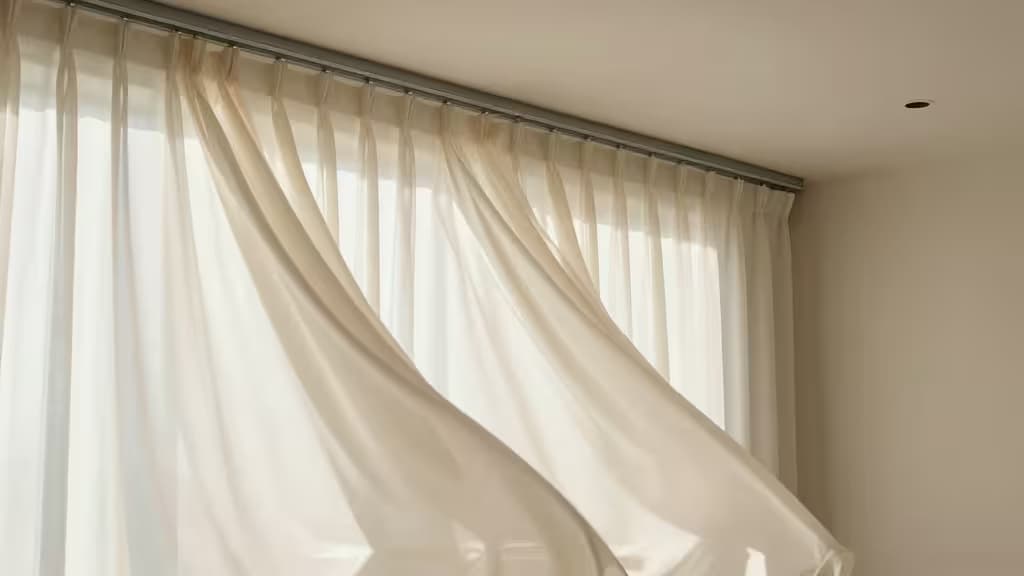 Sheer white curtains flow from a sleek metal track, illustrating smart home automation in a minimalist interior.