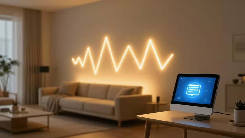 Moderne Wohnzimmer-Szene mit pulsierenden Smart-Lichtern und einem Smart-Display auf dem Tisch — Konzept für barrierefreie Smart-Home-Benachrichtigungen