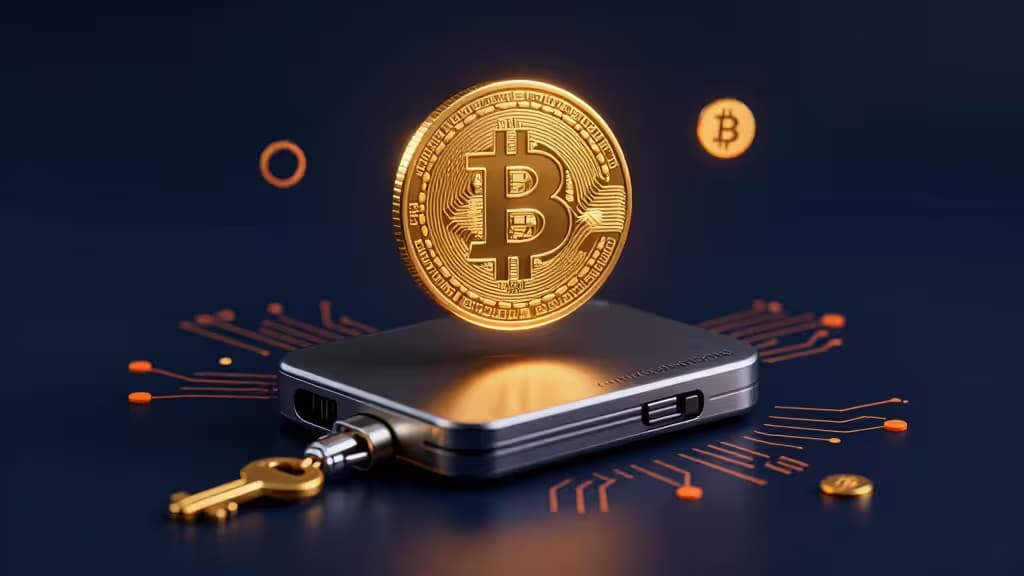 Um Bitcoin brilhante paira sobre um hardware wallet, simbolizando propriedade direta em vez de ETFs em 2025.