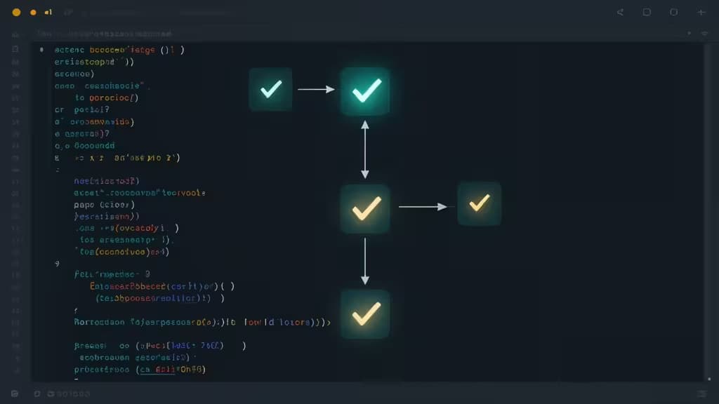 Glowing checkmarks flow through a dark code editor, illustrating an AI-powered GitHub pull request review workflow.