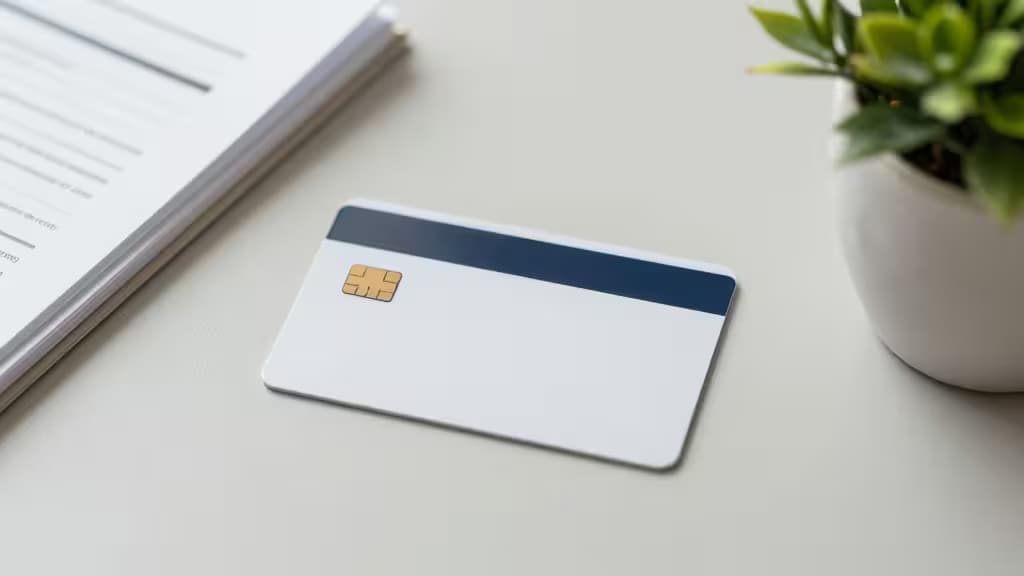 Tarjeta de crédito corporativa sobre escritorio minimalista, junto a documentos financieros y planta verde en maceta blanca.