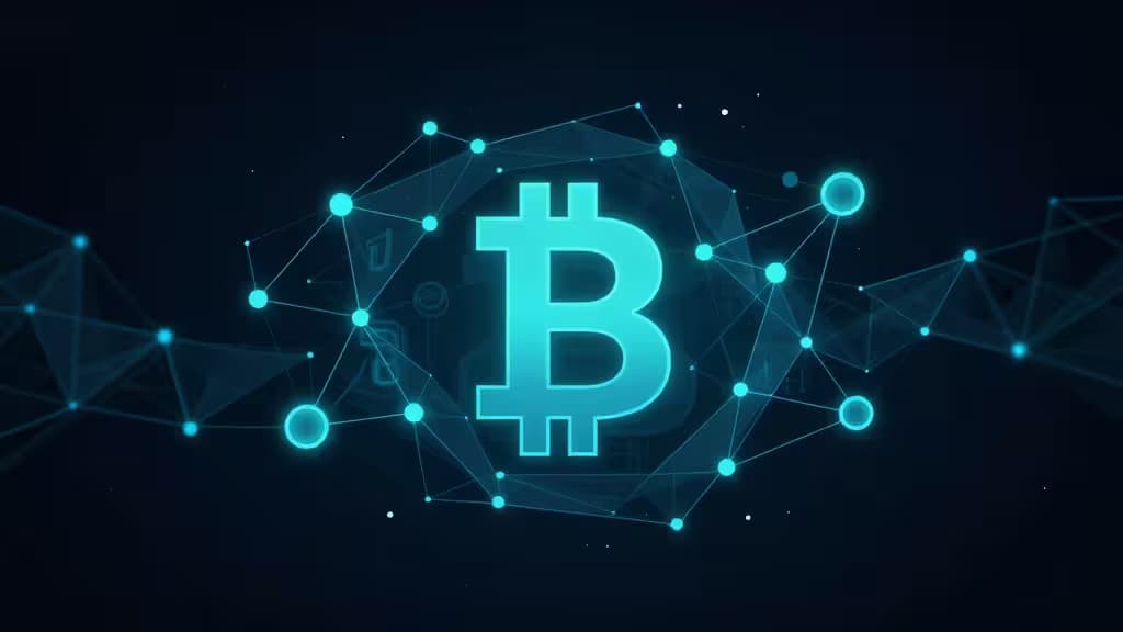 Symbole Bitcoin lumineux en cyan flottant dans un réseau géométrique de nœuds connectés sur un fond numérique sombre.