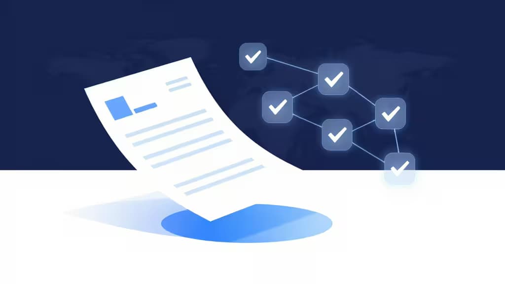 Facturas blancas flotan sobre un fondo azul profundo, conectadas a nodos de aprobación luminosos con marcas de verificación sobre un mapa mundial oscuro.