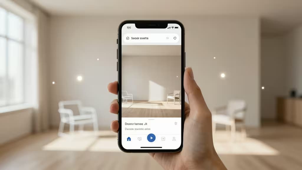 Mano che tiene uno smartphone con app di staging virtuale su una stanza vuota, a illustrare gli AI tools per il real estate.