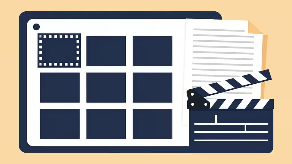 Abstract illustration of a video pre-production workspace with a storyboard board, script pages, and a clapperboard in warm amber and navy tones