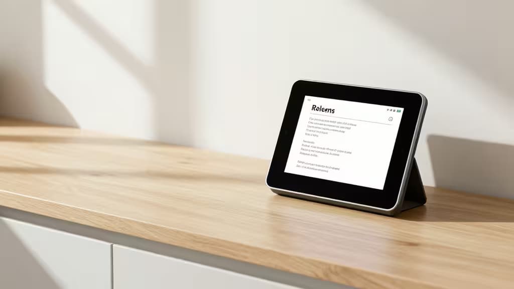 Smart display with black frame and white screen sits on light wood countertop.