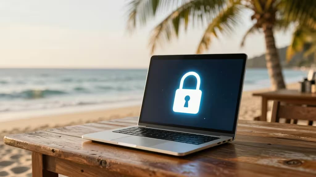 Silver laptop on rustic wooden table displays glowing padlock icon against blurred tropical beach backdrop.