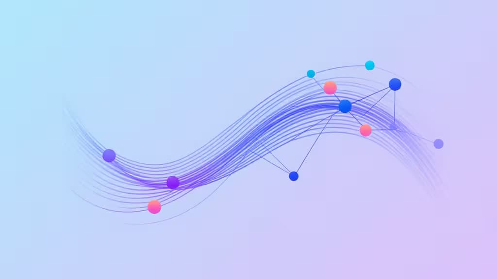 Colorful network nodes and flowing lines symbolize AI agent automation platforms for business teams.