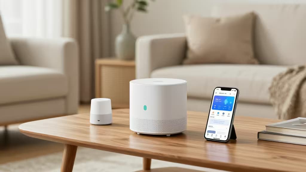 Hub blanc et capteur sur une table en bois, avec un smartphone affichant une application domotique dans un salon lumineux au style scandinave.