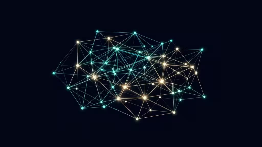 メッシュVPNのネットワークトポロジーを表す抽象イラスト。暗い背景に光るノードが接続網を形成
