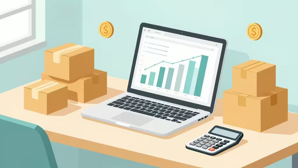 Modern desk scene with a laptop displaying financial charts, stacked Amazon shipping boxes, a calculator, and floating coins in soft natural light.