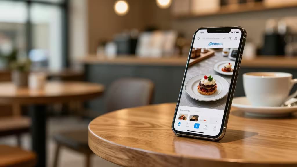 Intérieur d'un café moderne avec éclairage chaleureux, un smartphone posé sur une table en bois affichant une application de photographie culinaire, tasses de café et assiettes en arrière-plan flou.