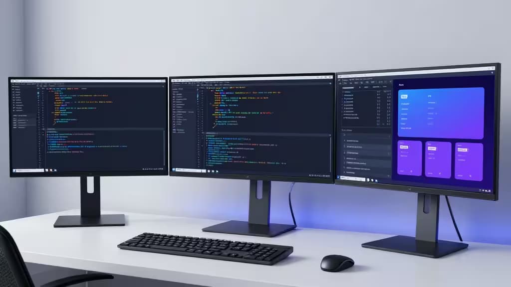 Three monitors display code, deployment pipelines, and feature flag toggles on a clean white desk.