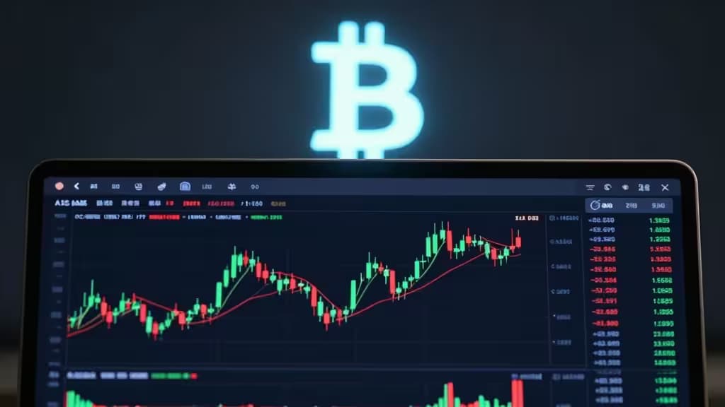 Ein Laptop zeigt ein dunkles Trading-Dashboard mit grünen und roten Candlestick-Charts, überlagert von einem leuchtenden Bitcoin-Symbol.