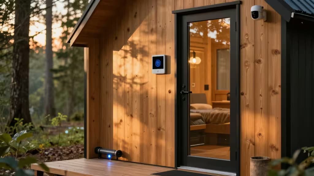 Drewniany domek letniskowy z czujnikami smart home, kamerą bezpieczeństwa i monitorem środowiskowym do zdalnego zarządzania.