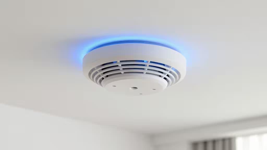 Détecteur de fumée blanc avec anneau LED bleu lumineux monté au plafond.