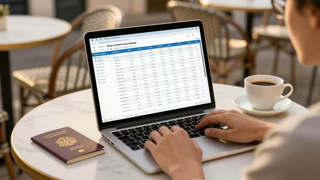 Ein digitaler Nomade nutzt ein Laptop mit einer Multi-Währungs-Budgeting-App, daneben liegen Pass und Kaffee.