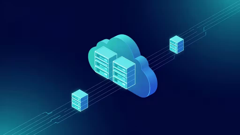 Abstracte illustratie van cloud backend-infrastructuur met verbonden gloeiende server-nodes in indigo en teal